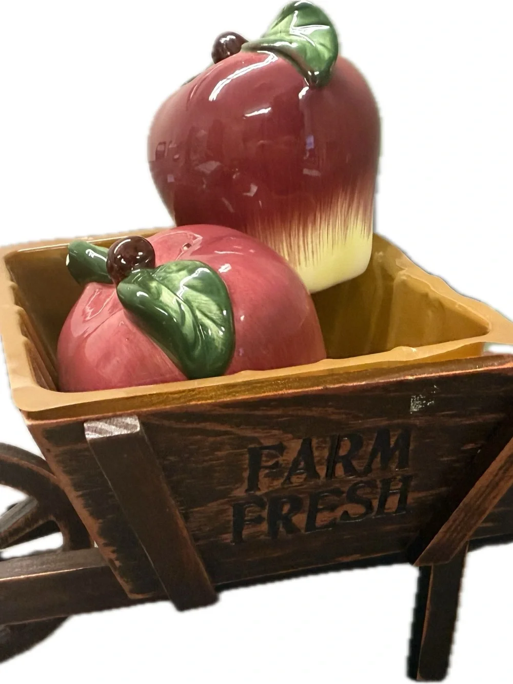 Decorative Red Ceramic Apple Figurines with Farm Fresh Wheelbarrow